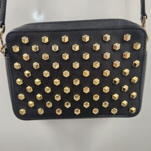 Michael Kors Pouches Camera Crossbody Gold Facet Stud Black Leather EUC